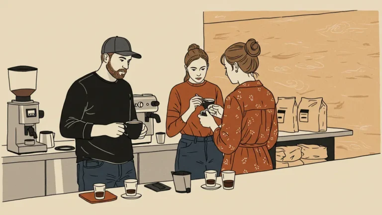 man and women tasting coffee in a coffee lab