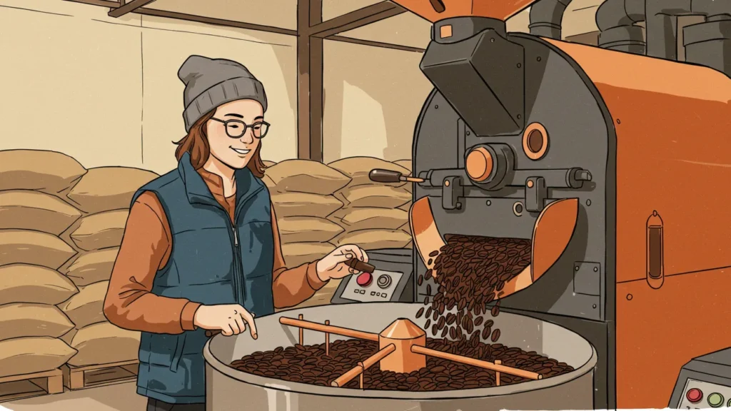 woman roaster cartoon and cooling coffee ina cooling tray