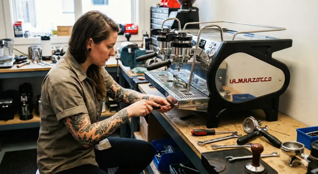 ai irreplaceable job tatoed woman repairing an espresso machine